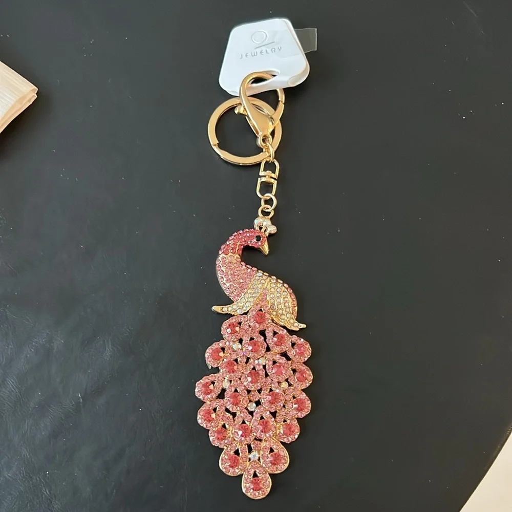 PINK JEWELED PEACOCK KEY RING or BAG CHARM with GOLD TONE HARDWARE